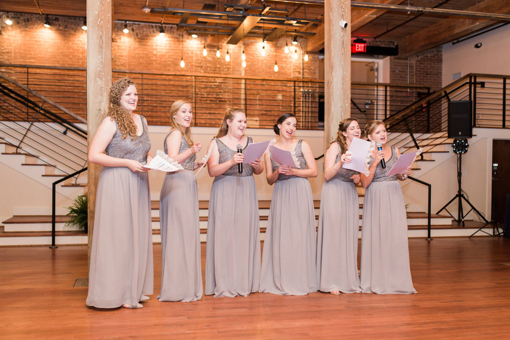  Both Jimmy and Nicole work for the YMCA, so all of the bridesmaids surprised them during their toasts with a song all about their relationship to the tune of 
